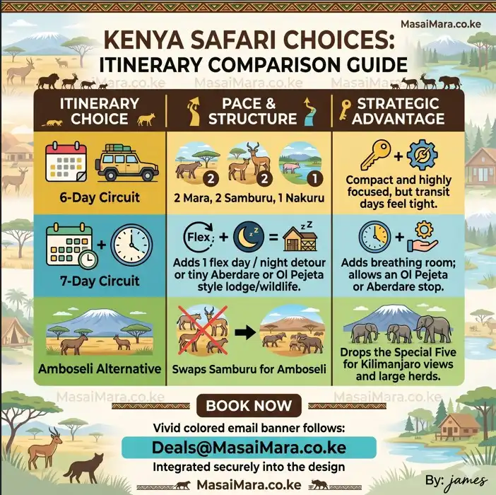 Infographic comparison guide for Kenya safari itineraries: duration, pace, and unique advantages.