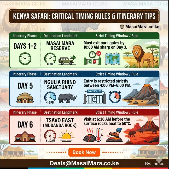 Infographic table showing critical safari itinerary timing rules for various Kenya park locations.