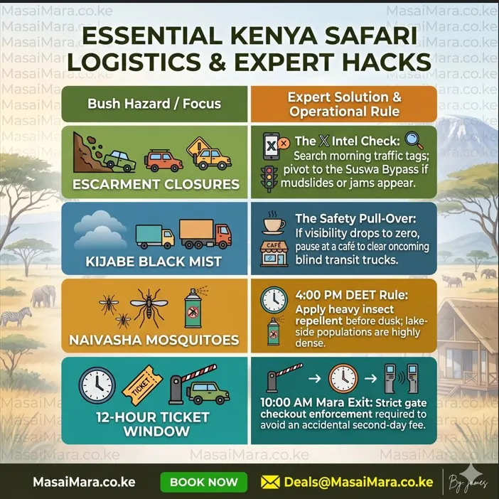 Infographic chart showing expert hacks for Kenya safari hazards like mudslides, mist, and mosquitoes.