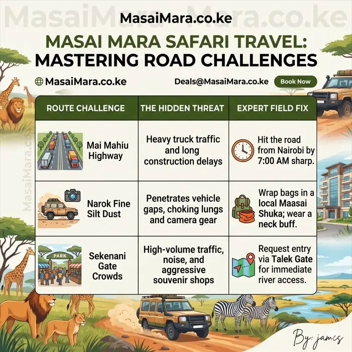 An infographic detailing road challenges, threats, and expert fixes for a smooth Masai Mara safari.