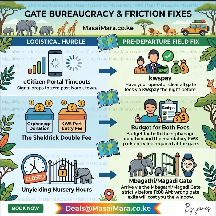 An infographic showing logistical hurdles at safari gates and their expert field fixes.