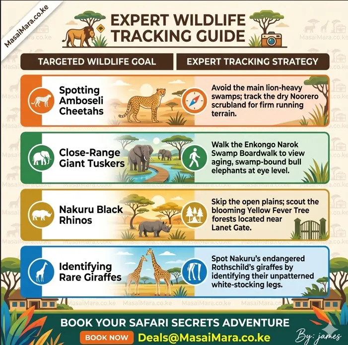 Infographic showing specific tracking strategies for cheetahs, elephants, rhinos, and rare giraffes.