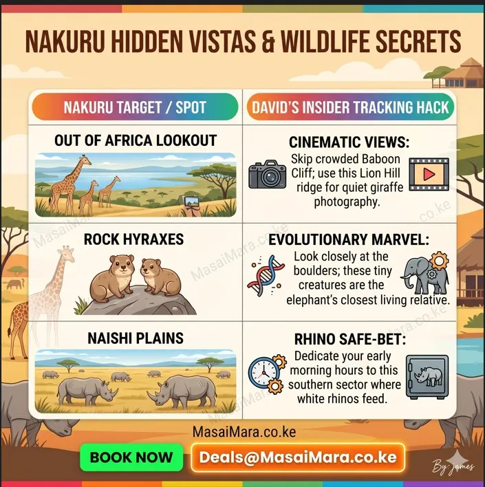 Infographic sharing professional local tracking hacks for finding rhinos, giraffes, and hyraxes in Nakuru.