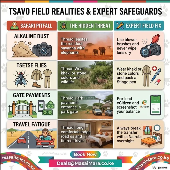 A 1:1 table infographic detailing common Tsavo safari pitfalls and expert field fixes.