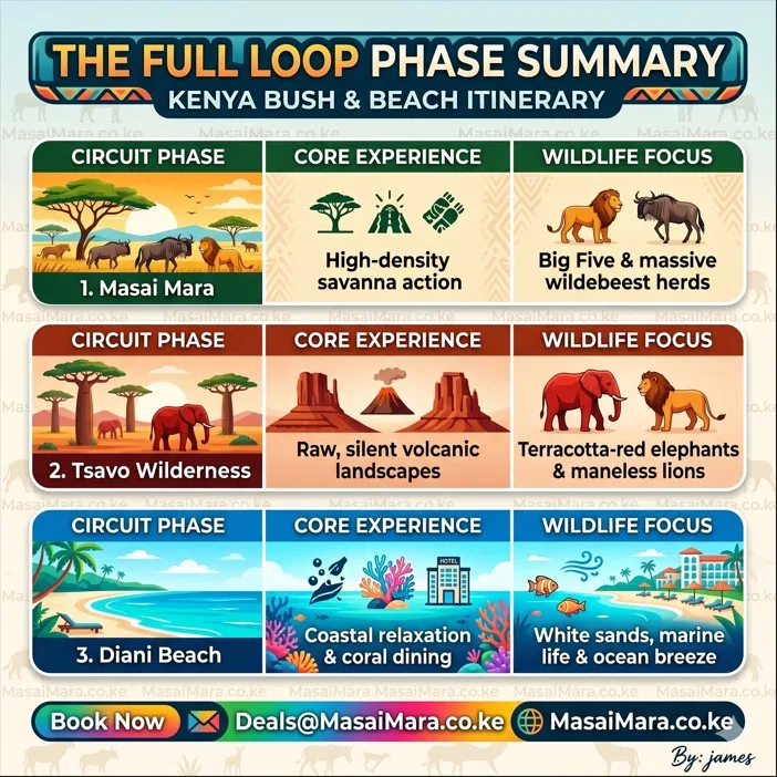An infographic summarizing a full loop Kenya safari itinerary with Mara and Tsavo and Diani