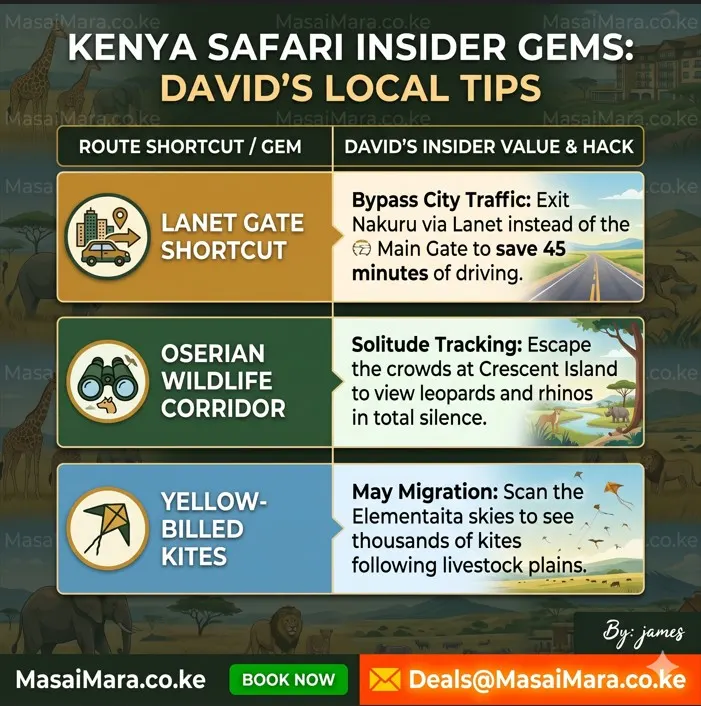 An infographic table showing essential safari shortcuts and wildlife hacks in Kenya by local expert David.