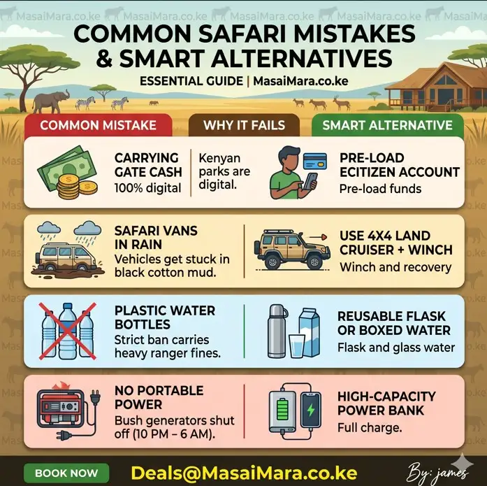 An illustrative infographic comparing common safari mistakes like cash and vans with smart alternatives.