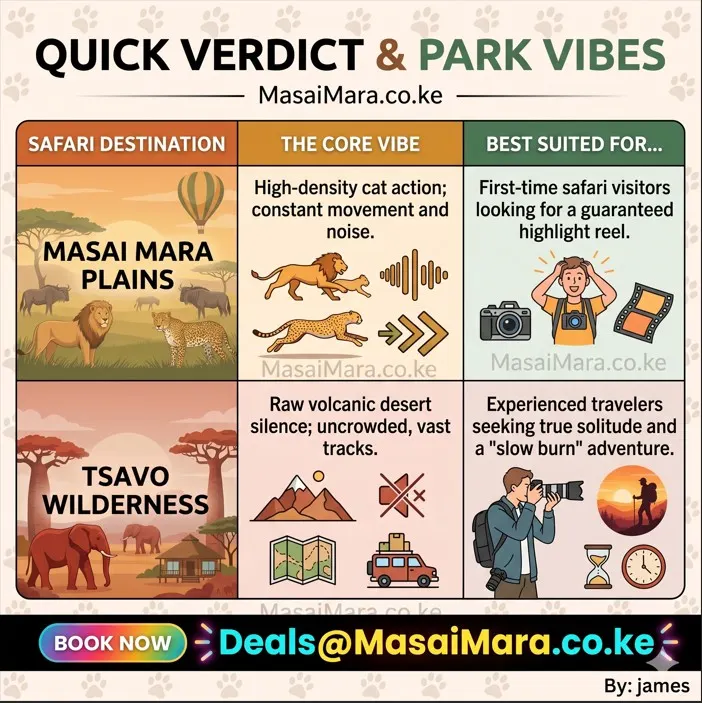 Infographic table comparing the core vibes and traveler suitabilities of Masai Mara and Tsavo.