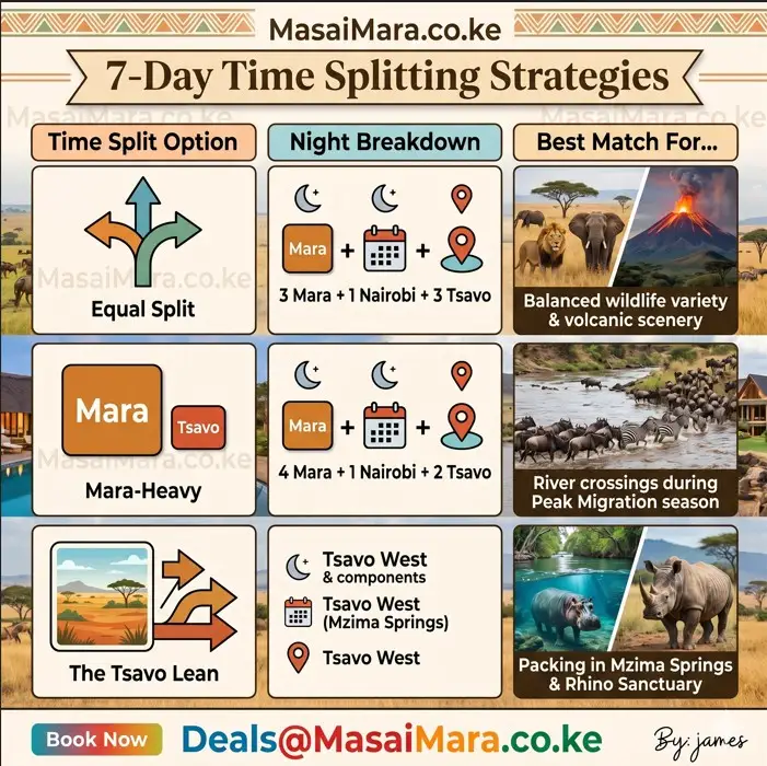 Infographic for 7-day Kenya safari itinerary options comparing balanced and specialized splits