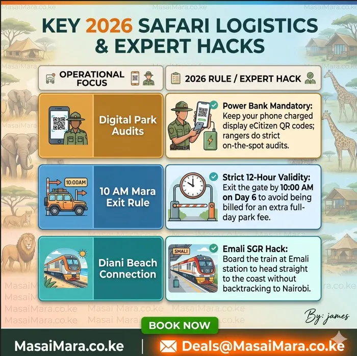 Infographic showing rules for digital park audits, Mara exit timing, and Diani SGR connection.