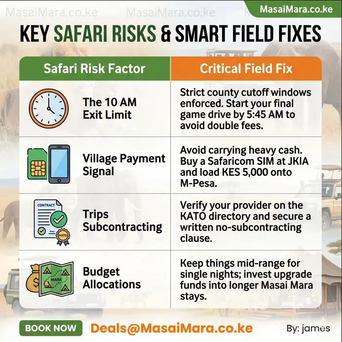 Infographic comparing safari risk factors with critical field fixes for Kenya travel.