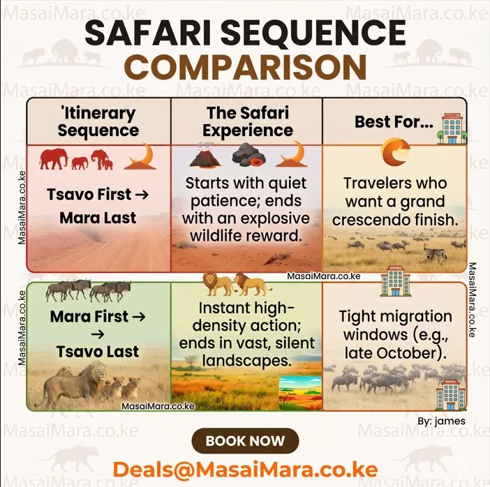 Infographic comparing Tsavo-first versus Masai Mara-first safari sequence options and experiences.