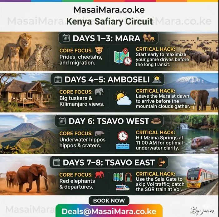 Professional infographic detailing an 8-day Kenya safari circuit with specific focus and transit hacks for Mara, Amboseli, and Tsavo.