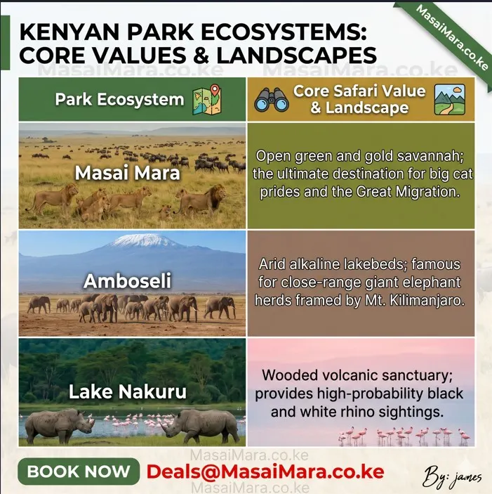 Comparison of Masai Mara savannah, Amboseli elephant plains, and Lake Nakuru rhino sanctuary.