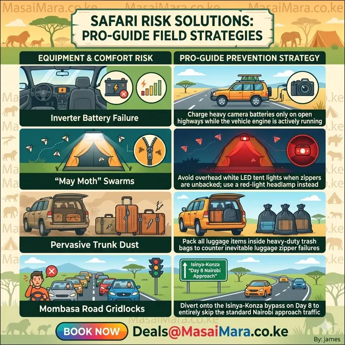 Infographic showing 4 common safari risks like dust and gridlocks, with corresponding pro-guide prevention strategies.