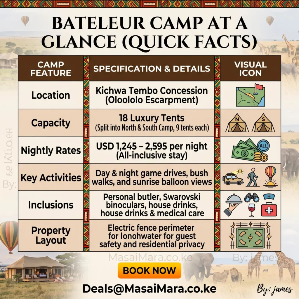 Infographic summarizing Bateleur Camp's location, capacity, rates, activities, inclusions, and layout with illustrative icons.