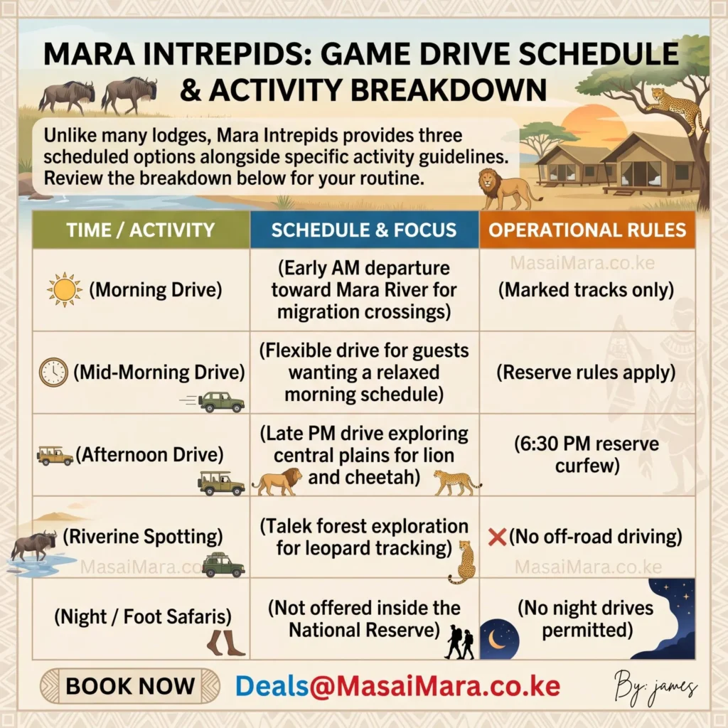 Infographic showing the daily game drive times, activity focus, and operational rules for Mara Intrepids lodge.