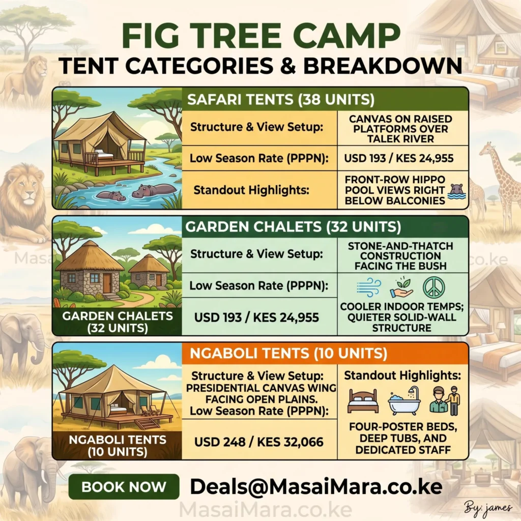 Infographic breakdown comparing Safari Tents, Garden Chalets, and Ngaboli Tents at Fig Tree Camp, Masai Mara.