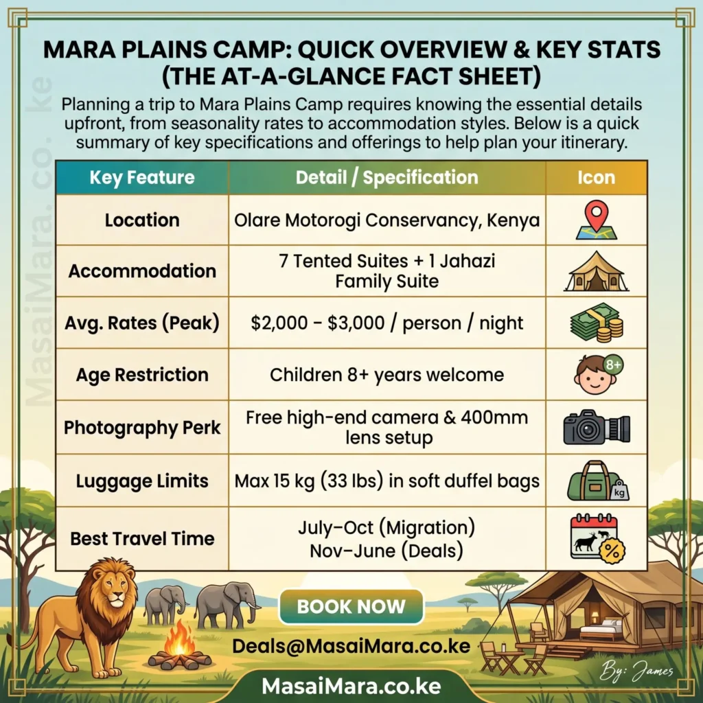 An infographic fact sheet summarizing Mara Plains Camp location, accommodation, rates, rules, and best travel times.