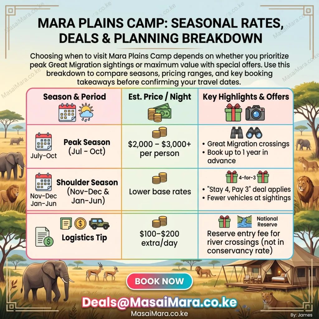Infographic showing peak and shoulder season prices and logistics tips for Mara Plains Camp, Kenya.