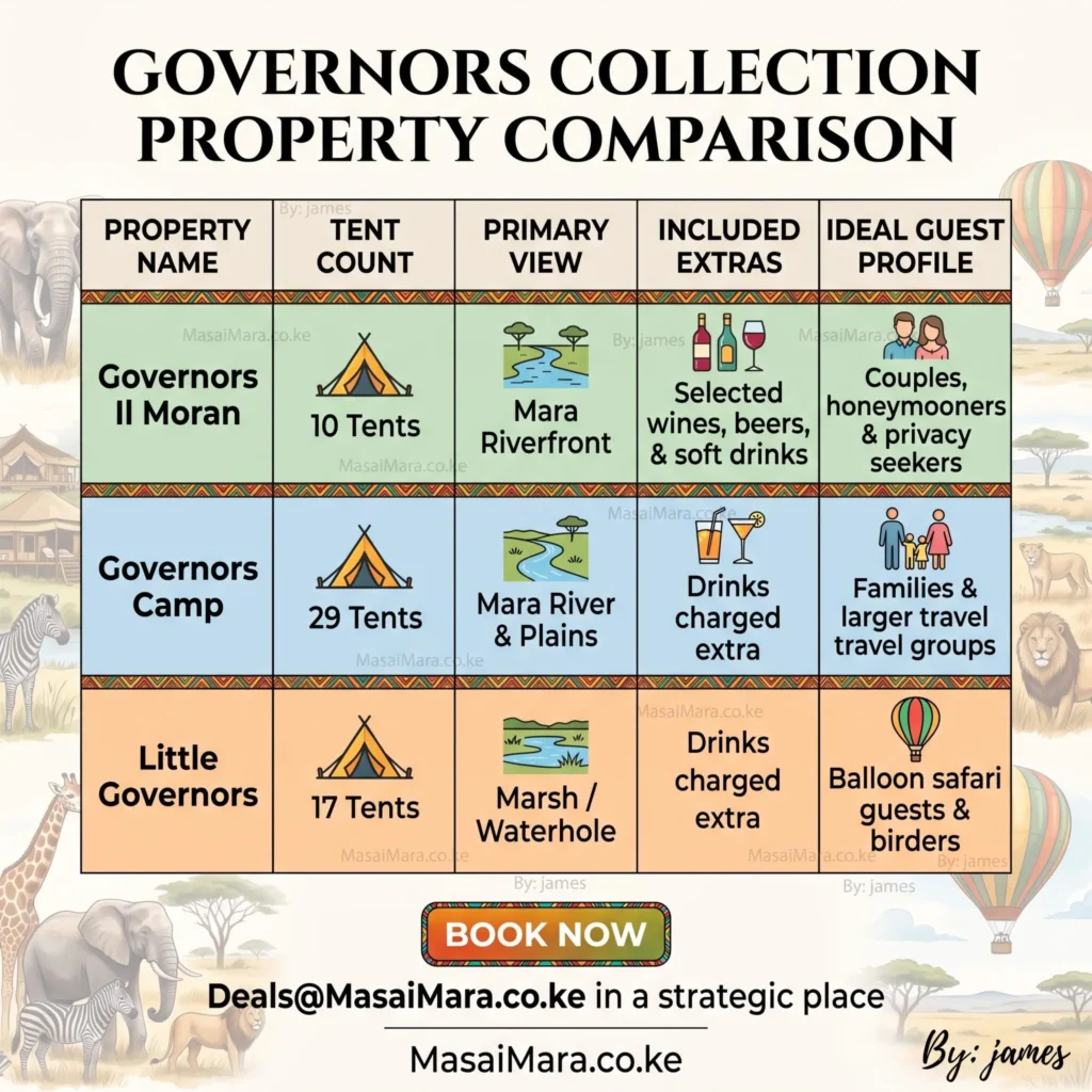 Comparison table showing tent counts, views, extras, and target guests for Governors Collection safari camps.