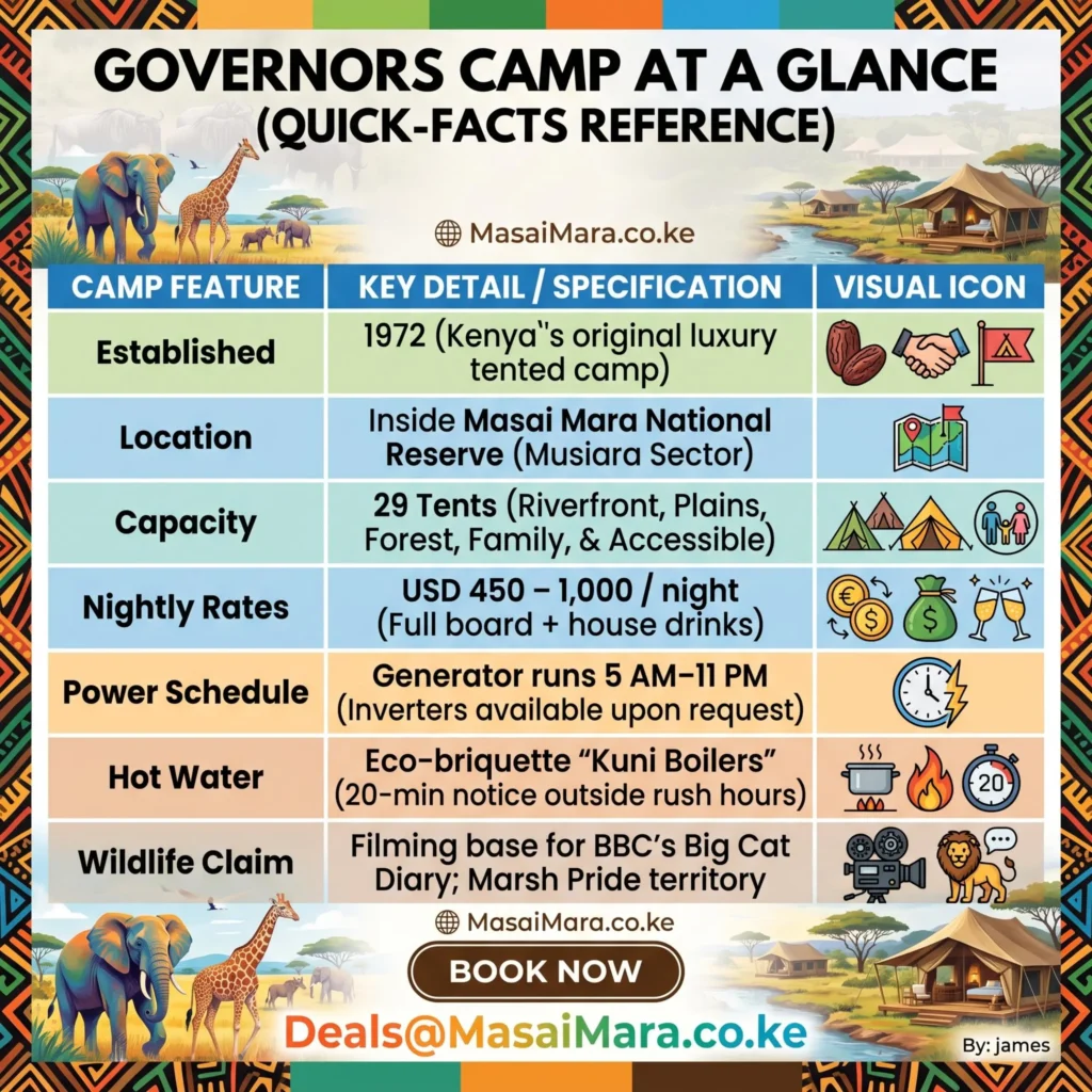 Infographic highlighting Governors Camp key facts, rates, capacity, location, power, and history.
