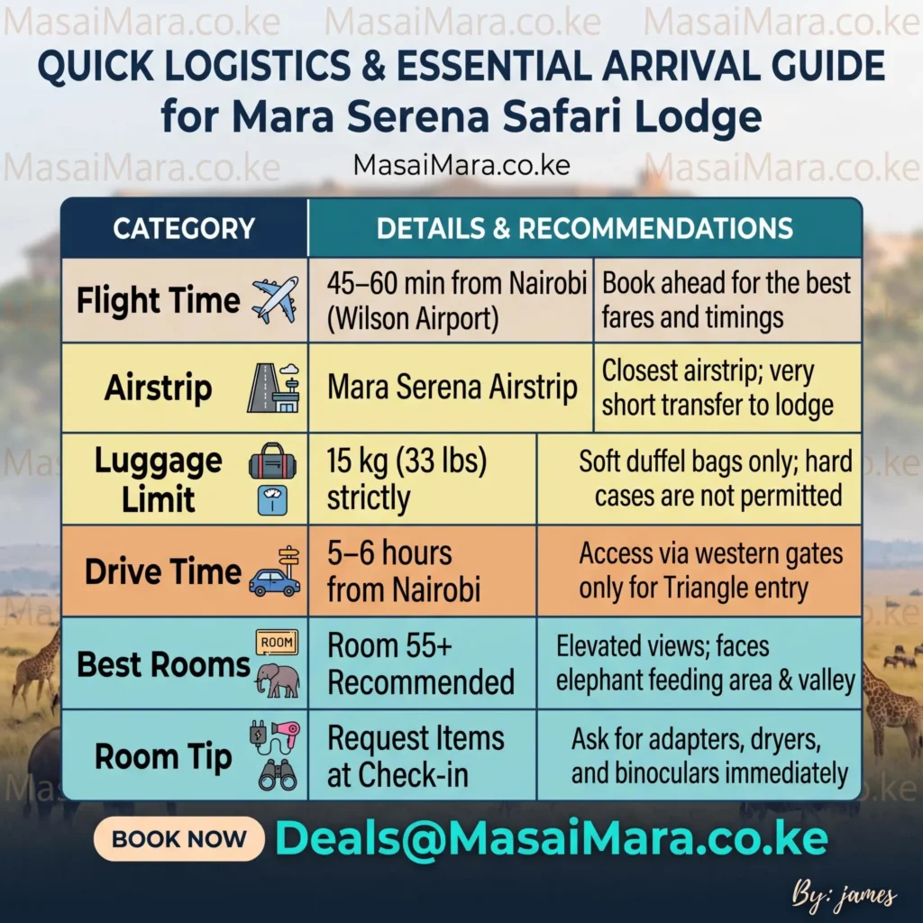 Quick logistics table covering flights, drive times, luggage limits, and room recommendations for Mara Serena Safari Lodge.