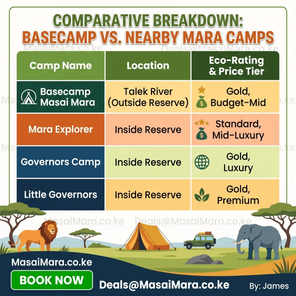 Infographic comparing safari camps near Basecamp Masai Mara by location, eco-rating, and price.