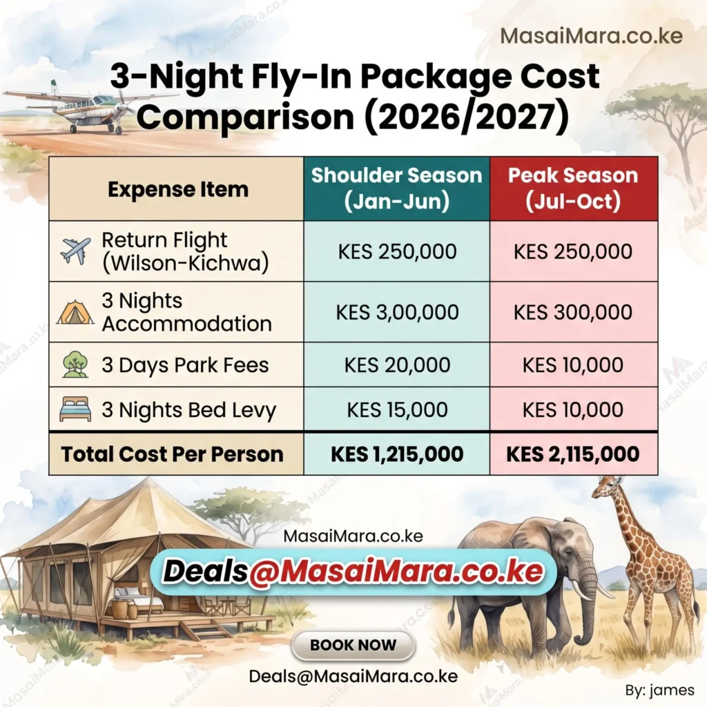 Infographic breakdown of 3-night fly-in safari package costs for shoulder and peak seasons.