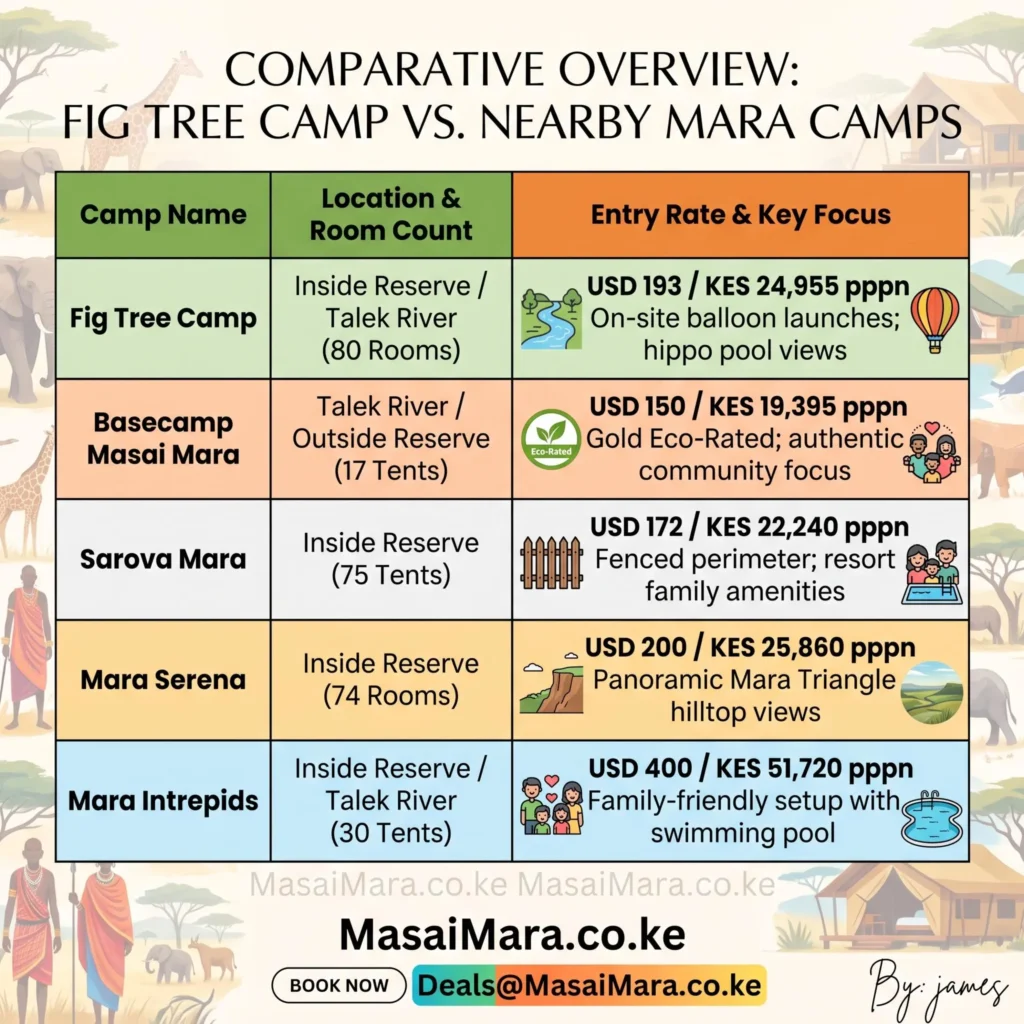 Infographic comparing Fig Tree Camp rates and features against alternative Masai Mara safari lodges.