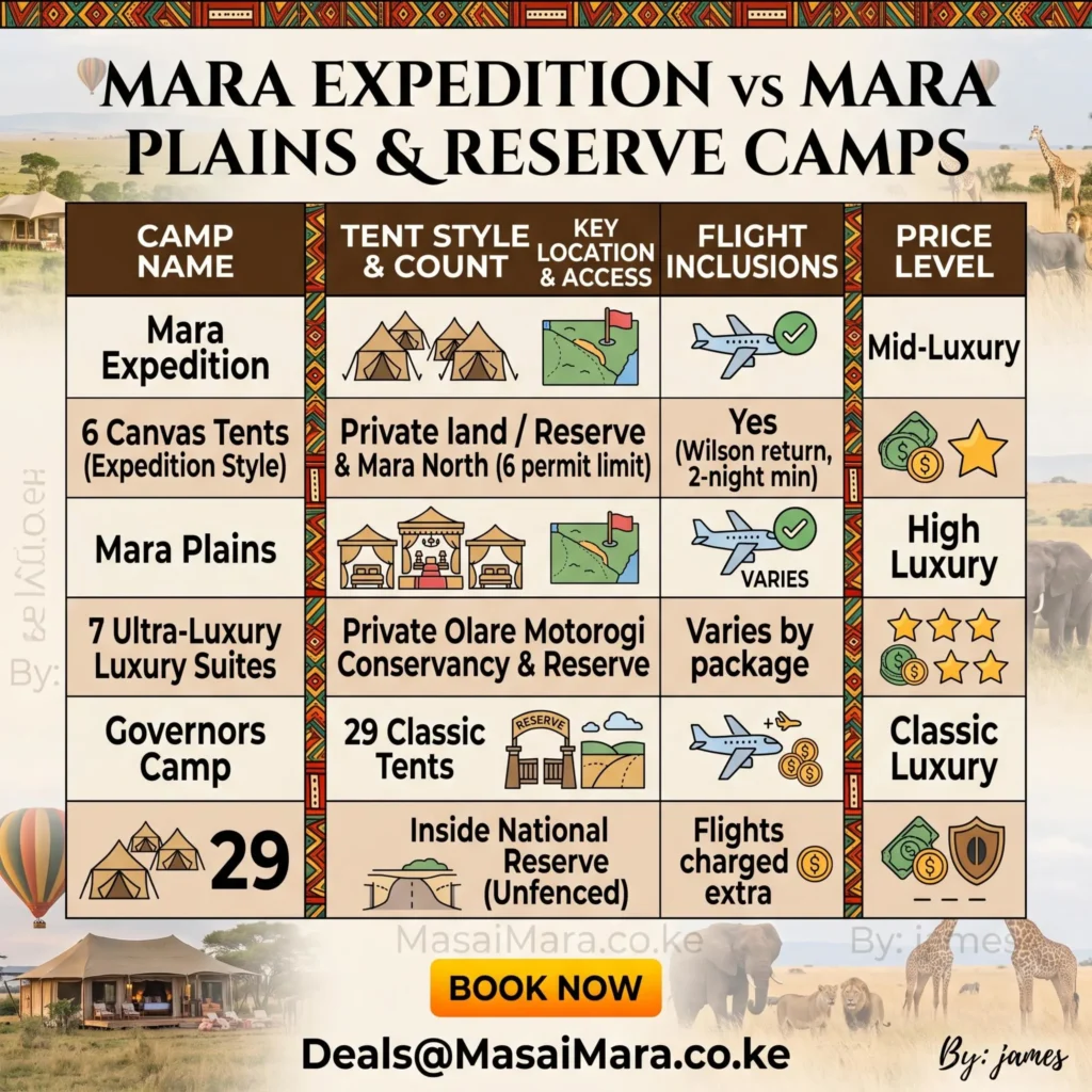 Infographic comparing tent styles, locations, flight inclusions, and price levels between Mara Expedition and nearby camps.