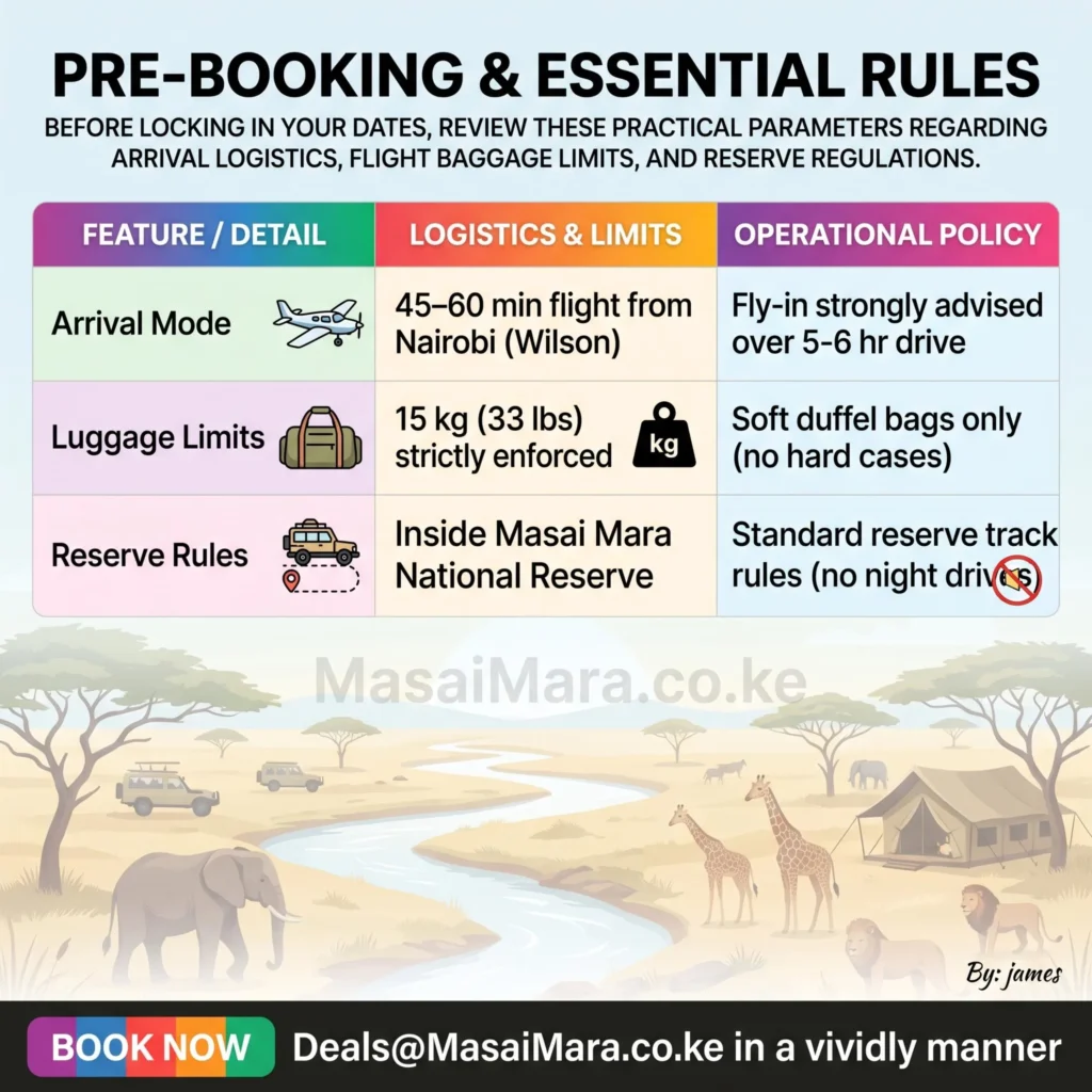 Pre-booking table showing flight logistics, baggage limits, and reserve policies for Mara Ngenche Safari Camp.