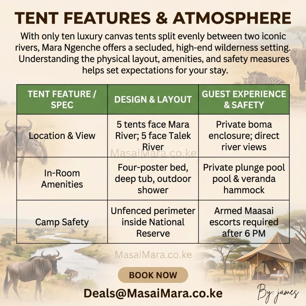 Infographic detailing luxury tent layouts, plunge pools, river views, and safety escorts at Mara Ngenche Camp.