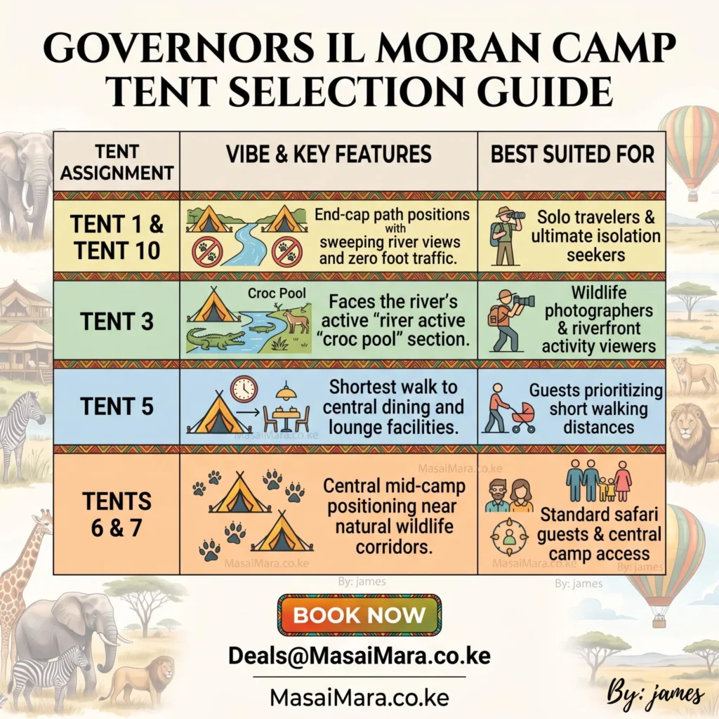 Infographic guide comparing tent locations, features, and ideal guest recommendations at Governors Il Moran Camp.
