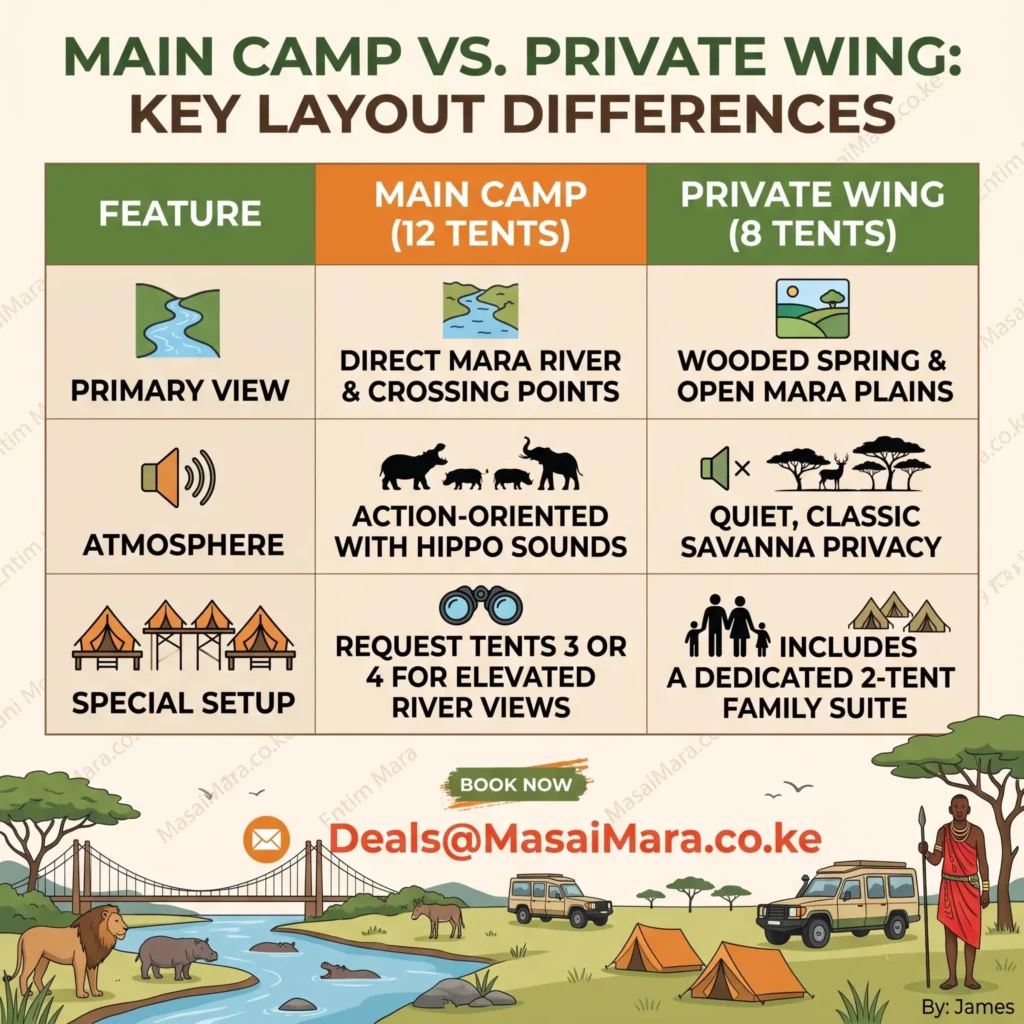 Infographic comparing Entim Mara Main Camp and Private Wing features, views, atmosphere, and special setups.