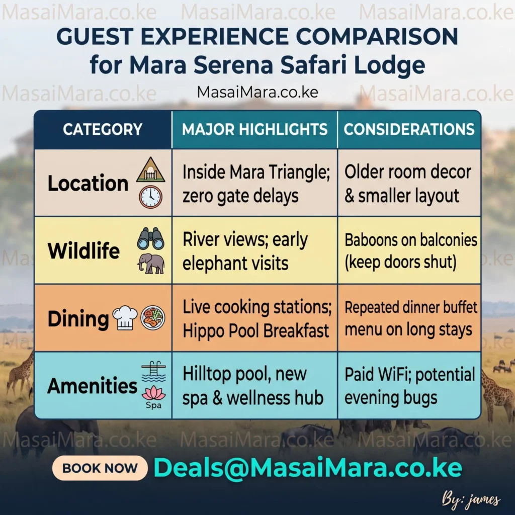 Comparison table showing major highlights and key considerations for staying at Mara Serena Safari Lodge.