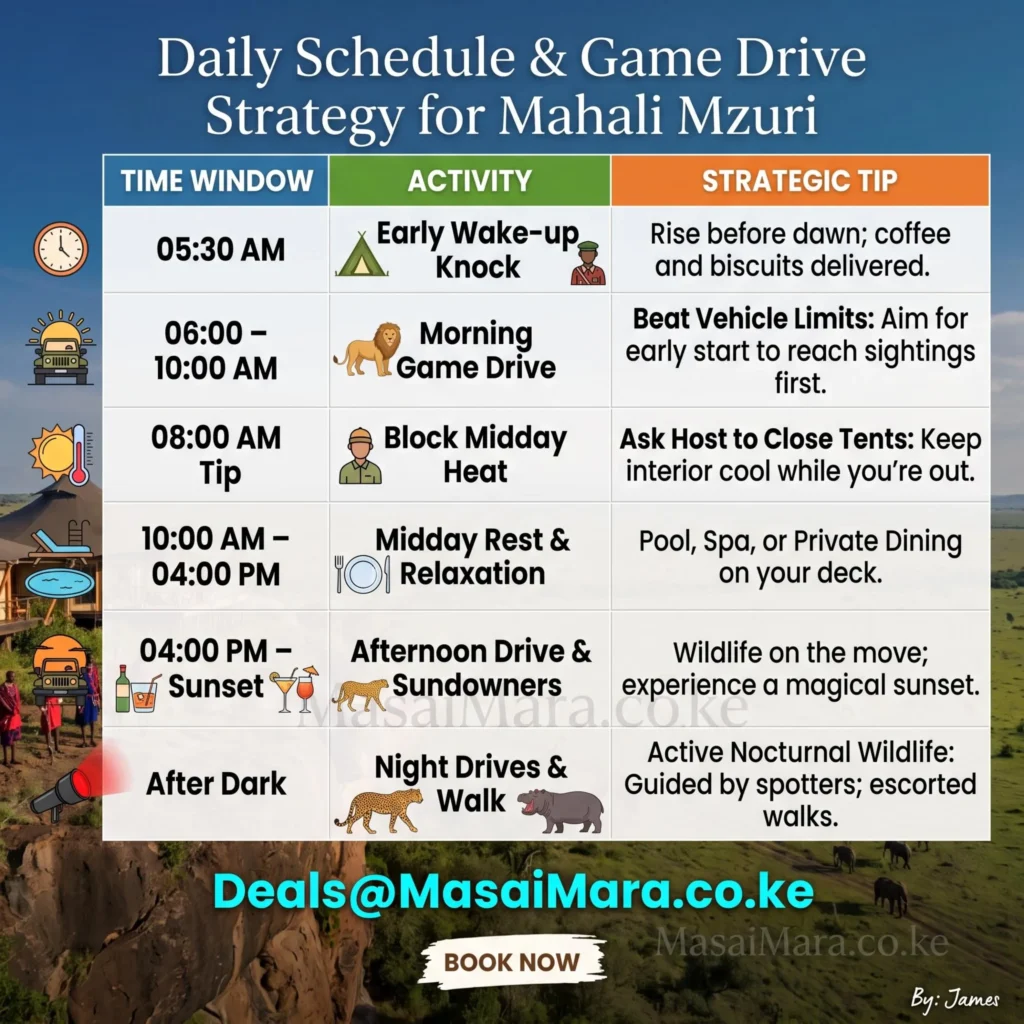Daily safari schedule and game drive strategy table for Mahali Mzuri camp in Masai Mara.