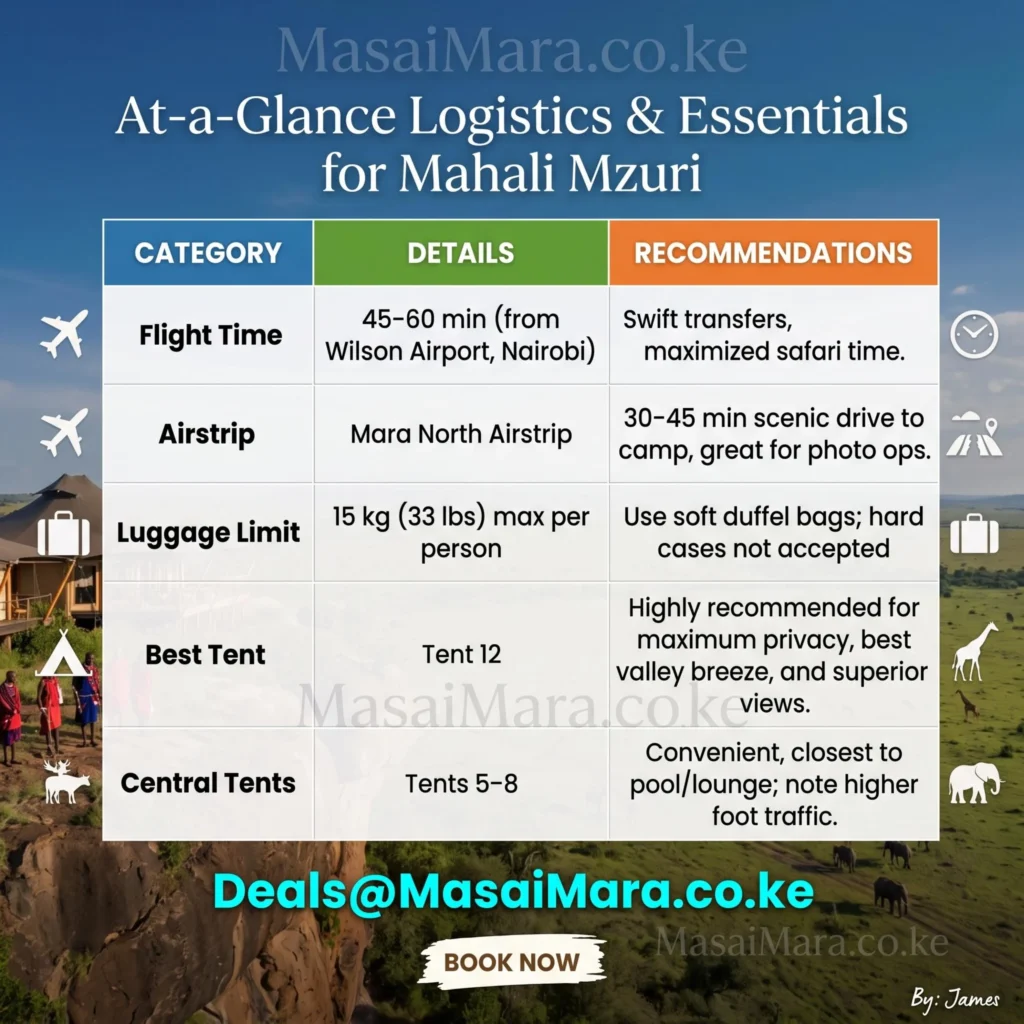 Summary table of flights, luggage limits, and tent recommendations for Mahali Mzuri safari camp.