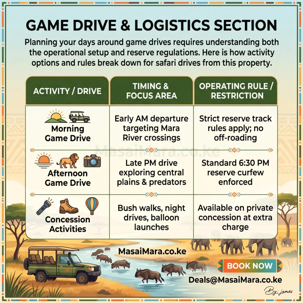 Infographic breaking down daily safari game drive schedules, focus areas, and strict reserve operational rules.