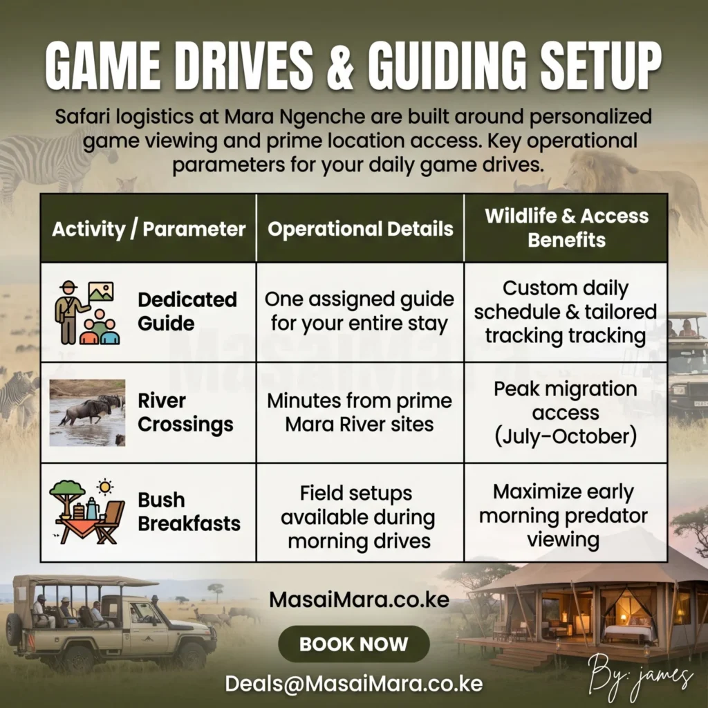 Infographic detailing dedicated guides, river crossing proximity, and bush breakfasts at Mara Ngenche Safari Camp.