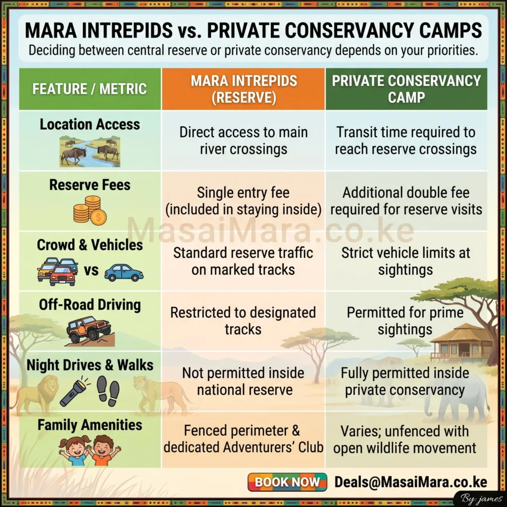 1080x1080 comparison table of Mara Intrepids vs. Private Conservancy Camps in Masai Mara, featuring key travel metrics.