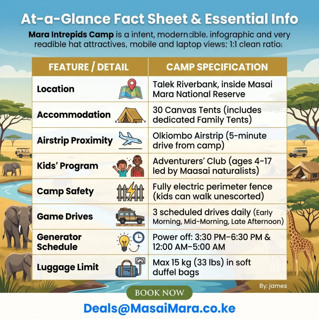 Table contrasting Mara Intrepids with private camps across location, activity limits, vehicle counts, and family features.