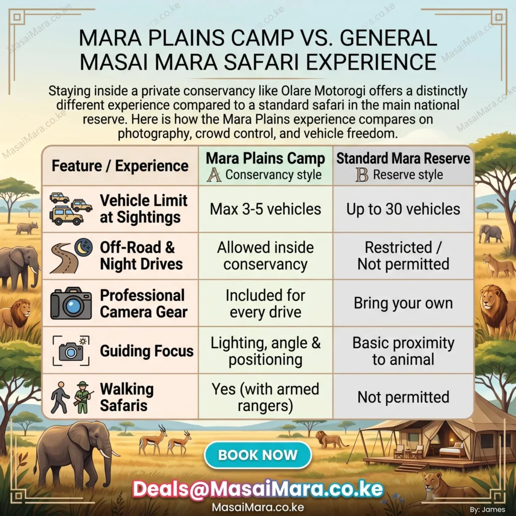 A detailed infographic comparing the exclusive conservancy benefits of Mara Plains Camp to a standard Masai Mara Reserve safari.
