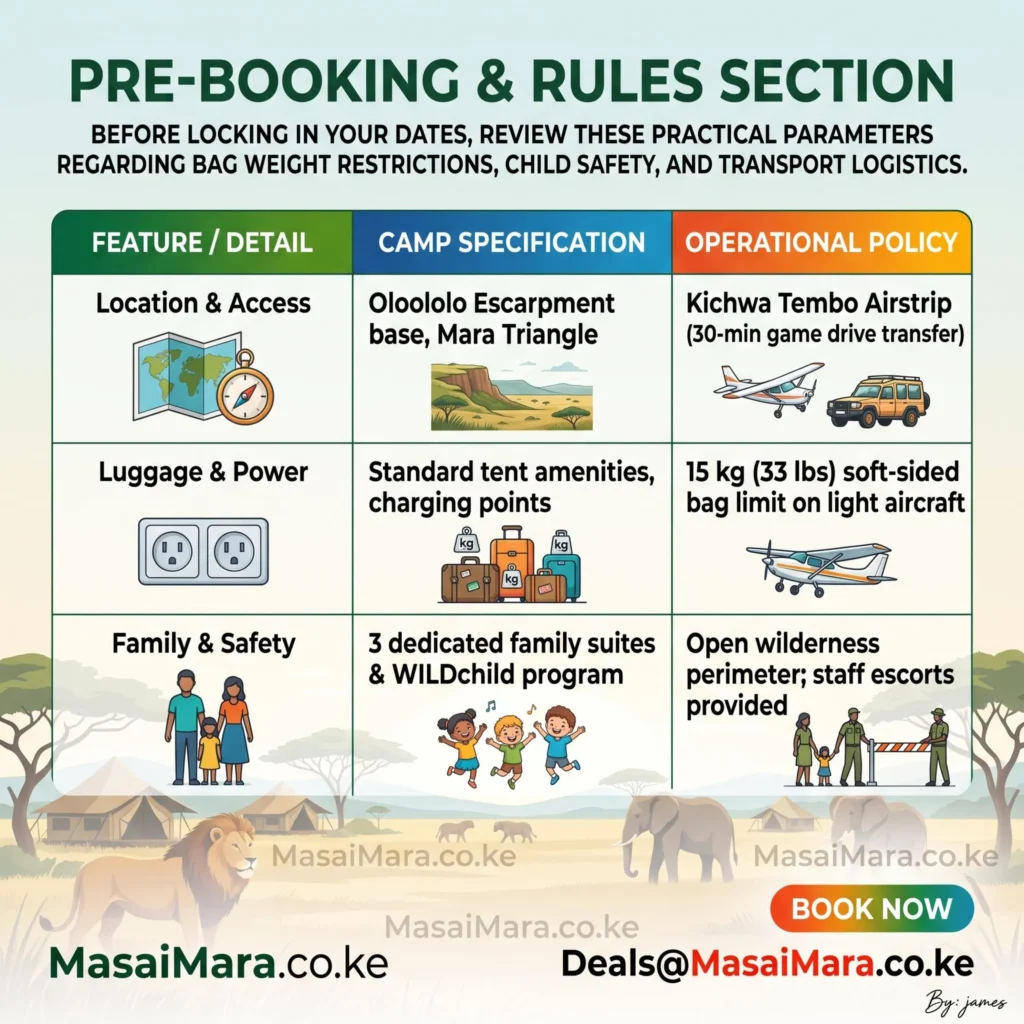 Structured table outlining location access, luggage policies, and family safety parameters for Kichwa Tembo Camp.