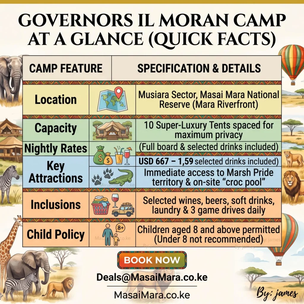 Quick-facts overview of Governors Il Moran Camp covering rates, inclusions, child policy, and location details.