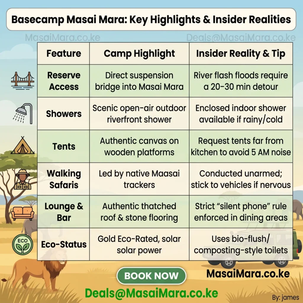 Infographic detailing Basecamp Masai Mara's key camp highlights alongside practical safari traveler realities and tips.