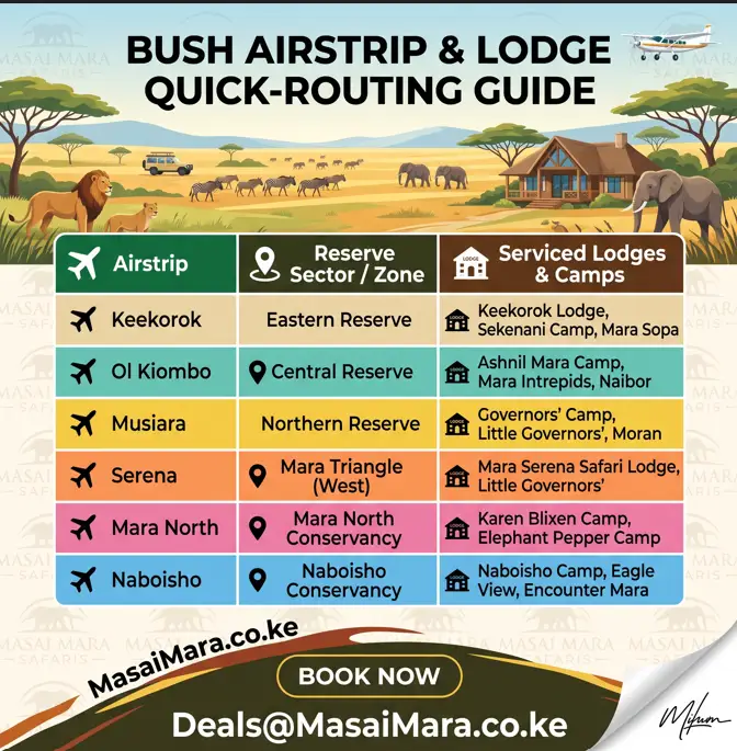 An infographic table mapping Masai Mara airstrips to specific reserve sectors and serviced safari lodges.