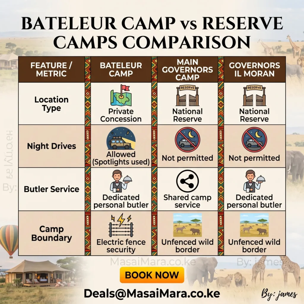 Infographic comparing Bateleur Camp and Reserve Camps on location, night drives, butler service, and boundaries.