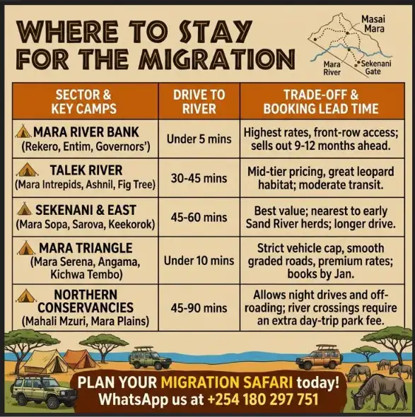 Safari lodge and camp location guide for the 2027 Masai Mara wildebeest migration.