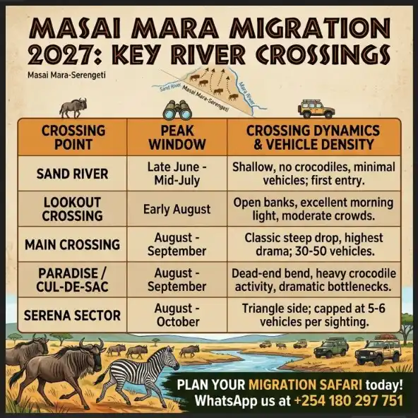 Infographic comparing 2027 Masai Mara wildebeest river crossings, showing windows, and crowd density.